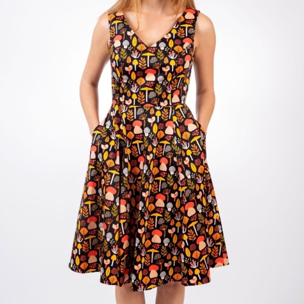 Fit & Flare V-Neck Mushroom Black Mustard Dress, Sleeveless